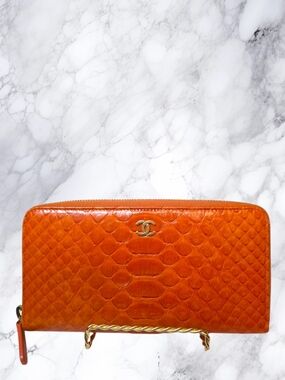 Chanel Burnt Orange Python Snakeskin Zip Around Wallet CC Logo Exotic Leather